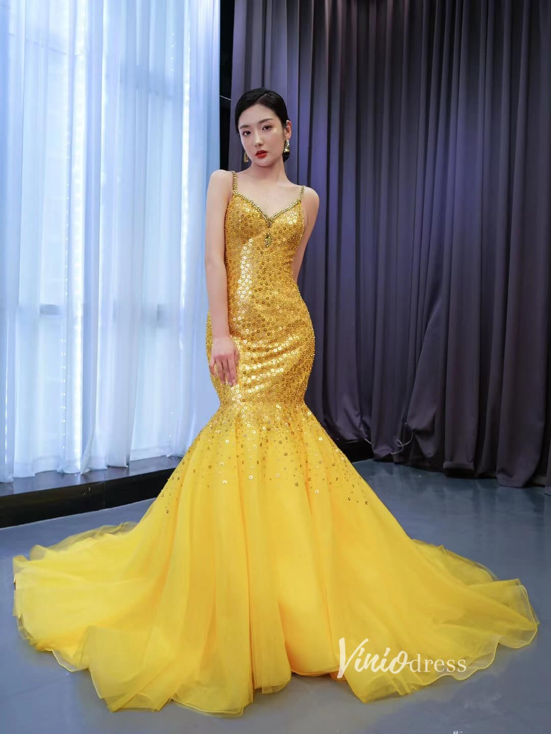 Vintage Bright Gold Mermaid Wedding Dresses with Cape 67501-wedding dresses 2025 -Viniodress-Gold-Custom Size-