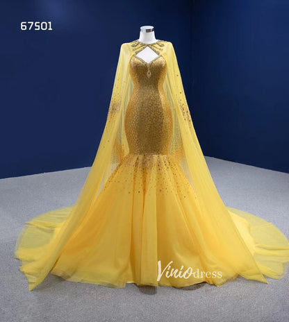 Vintage Bright Gold Mermaid Wedding Dresses with Cape 67501-wedding dresses 2025 -Viniodress-Gold-Custom Size-