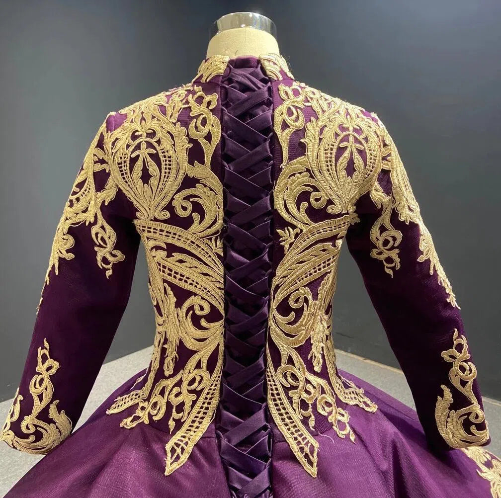 Vintage Deep Purple Muslim Wedding Dresses with Long Sleeves FD1115B viniodress-Quinceanera Dresses 2025 -Viniodress-Grape-Custom Size-