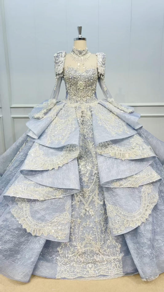 Vintage Dusty Blue Dubai Wedding Dress High Neck Long Sleeve Ball Gowns 51004 viniodress-Quinceanera Dresses 2025 -Viniodress-Dusty Blue-US 2-