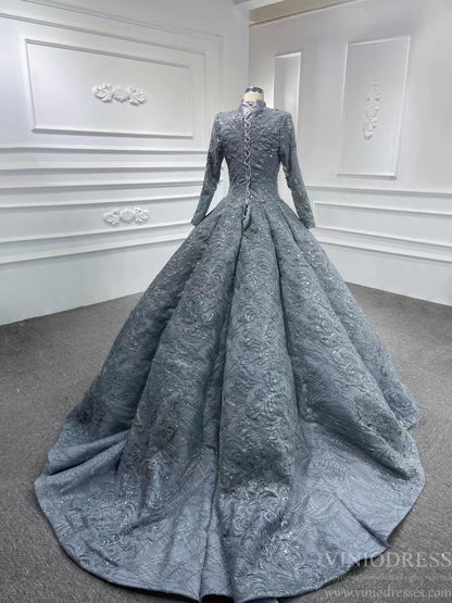 Vintage High Neck Ball Gown Wedding Dress 66686 Long Sleeve-Quinceanera Dresses 2025 -Viniodress-Gold-Custom Size-