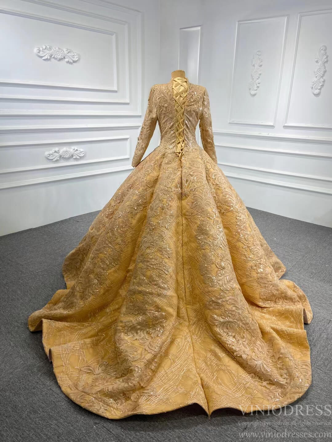 Vintage High Neck Ball Gown Wedding Dress 66686 Long Sleeve-Quinceanera Dresses 2025 -Viniodress-Gold-Custom Size-