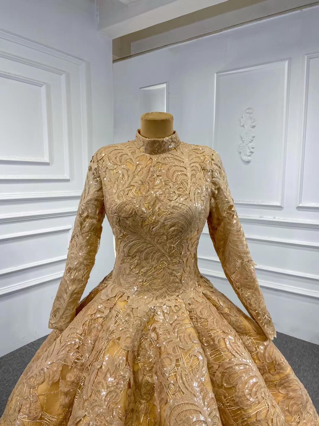 Vintage High Neck Ball Gown Wedding Dress 66686 Long Sleeve-Quinceanera Dresses 2025 -Viniodress-Gold-Custom Size-