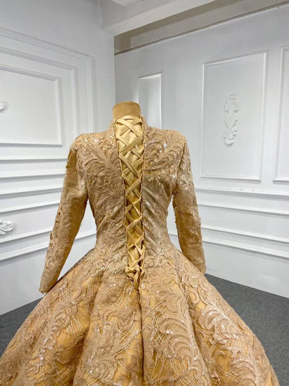 Vintage High Neck Ball Gown Wedding Dress 66686 Long Sleeve-Quinceanera Dresses 2025 -Viniodress-Gold-Custom Size-