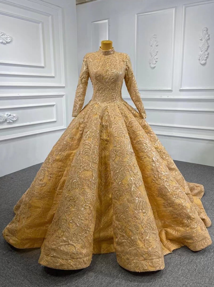 Vintage High Neck Ball Gown Wedding Dress 66686 Long Sleeve-Quinceanera Dresses 2025 -Viniodress-Gold-Custom Size-