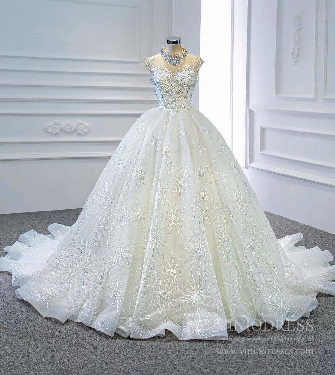 Vintage High Neck Beaded Arabic Wedding Dresses Lace Bridal Gown VW1769-wedding dresses 2025 -Viniodress-Ivory-Custom Size-