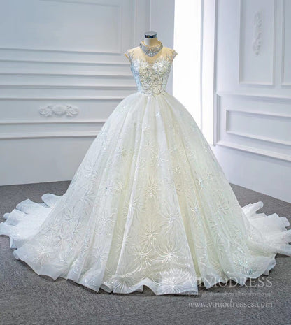 Vintage High Neck Beaded Arabic Wedding Dresses Lace Bridal Gown VW1769-wedding dresses 2025 -Viniodress-Ivory-Custom Size-