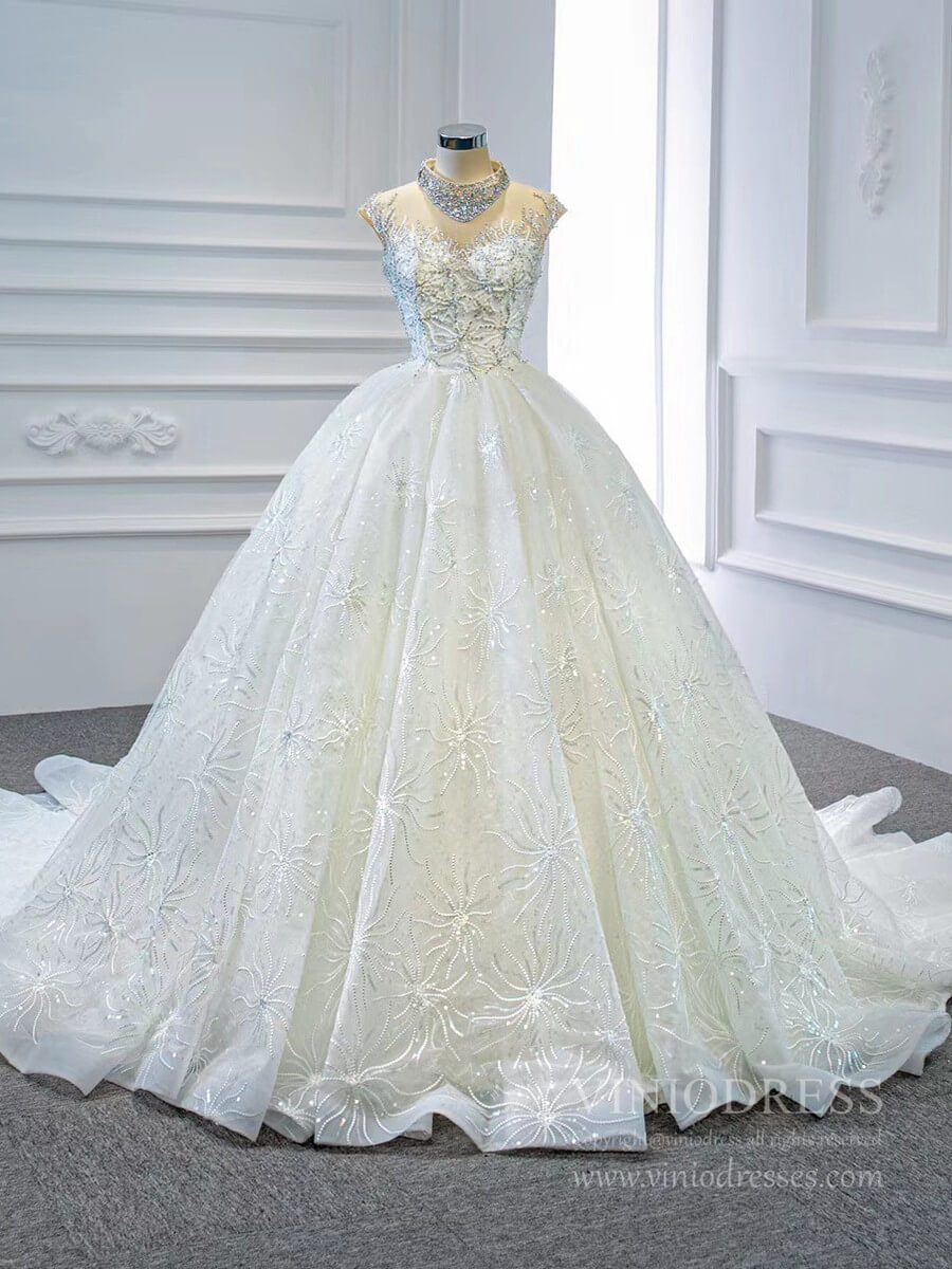 Vintage High Neck Beaded Arabic Wedding Dresses Lace Bridal Gown VW1769-wedding dresses 2025 -Viniodress-Ivory-Custom Size-