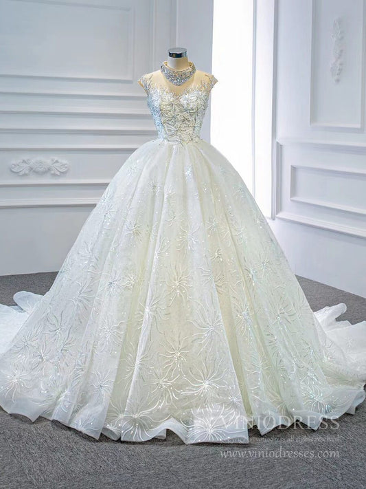 Vintage High Neck Beaded Arabic Wedding Dresses Lace Bridal Gown VW1769-wedding dresses 2025 -Viniodress-Ivory-Custom Size-
