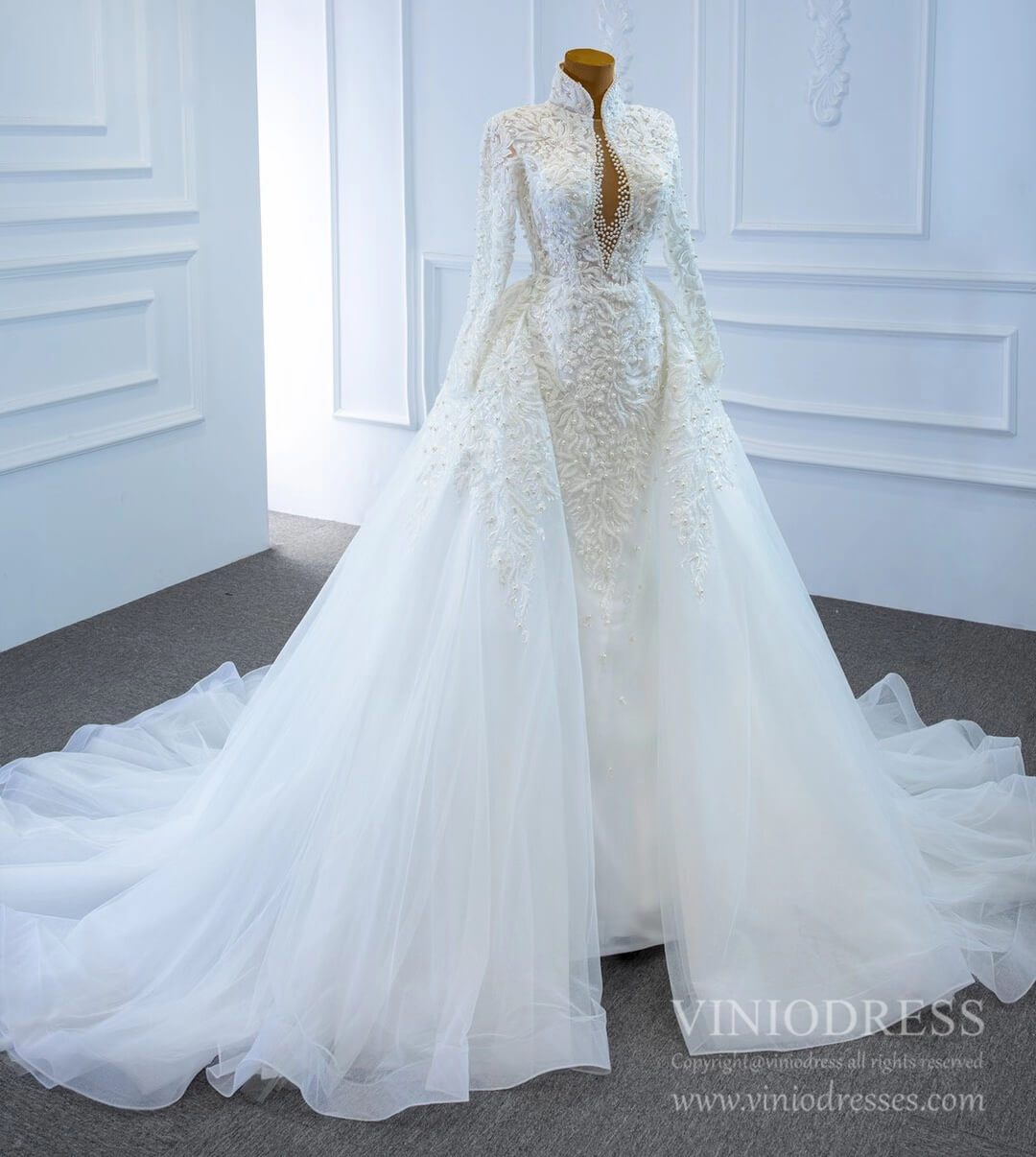 Vintage High Neck Pearl Beaded Wedding Gown with Long Sleeves 67218-wedding dresses 2025 -Viniodress-Ivory-Custom Size-