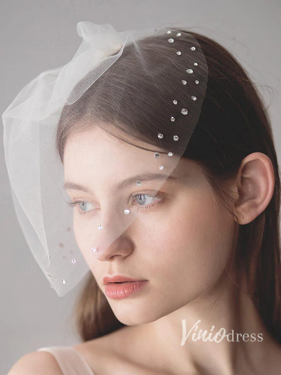 Vintage-Inspired Birdcage Veils with Tiny Crystals Blusher Veil ACC1081-Bridal Veil 2025 -Viniodress-Ivory-