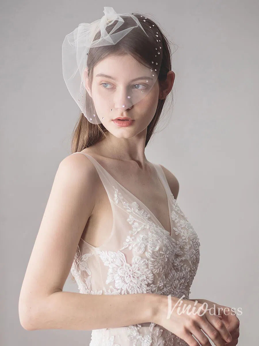 Vintage-Inspired Birdcage Veils with Tiny Crystals Blusher Veil ACC1081-Bridal Veil 2025 -Viniodress-Ivory-