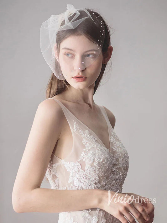 Vintage-Inspired Birdcage Veils with Tiny Crystals Blusher Veil ACC1081-Bridal Veil 2025 -Viniodress-Ivory-