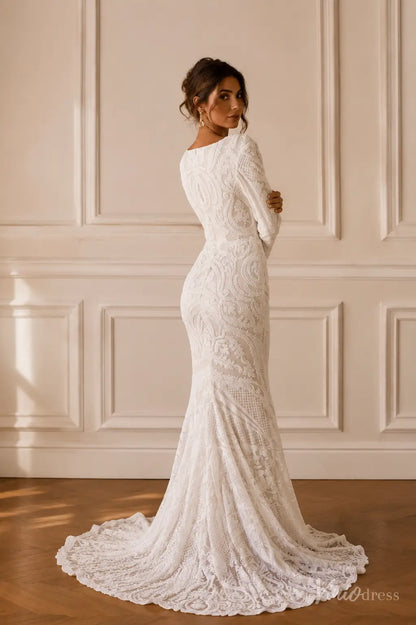 White long-sleeve mermaid wedding dress with intricate lace detailing and a sweeping train.