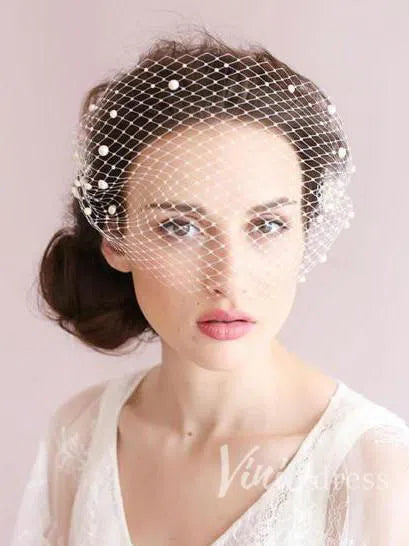 Vintage Ivory Mesh Birdcage Wedding Veils with Pearls ACC1085-Veils-Viniodress-Ivory-Viniodress