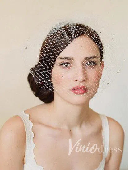 Vintage Ivory Mesh Birdcage Wedding Veils with Tiny Crystals ACC1086-Veils-Viniodress-Ivory-Viniodress