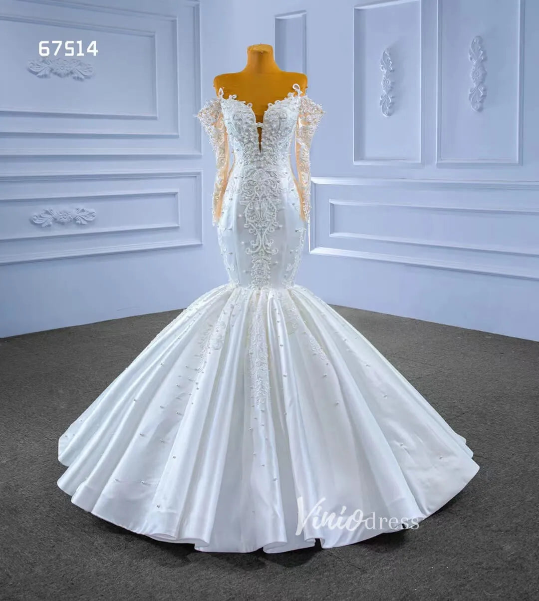 Vintage Lace Appliqued Mermaid Wedding Dresses with Long Sleeves 67514-wedding dresses 2025 -Viniodress-Ivory-Custom Size-