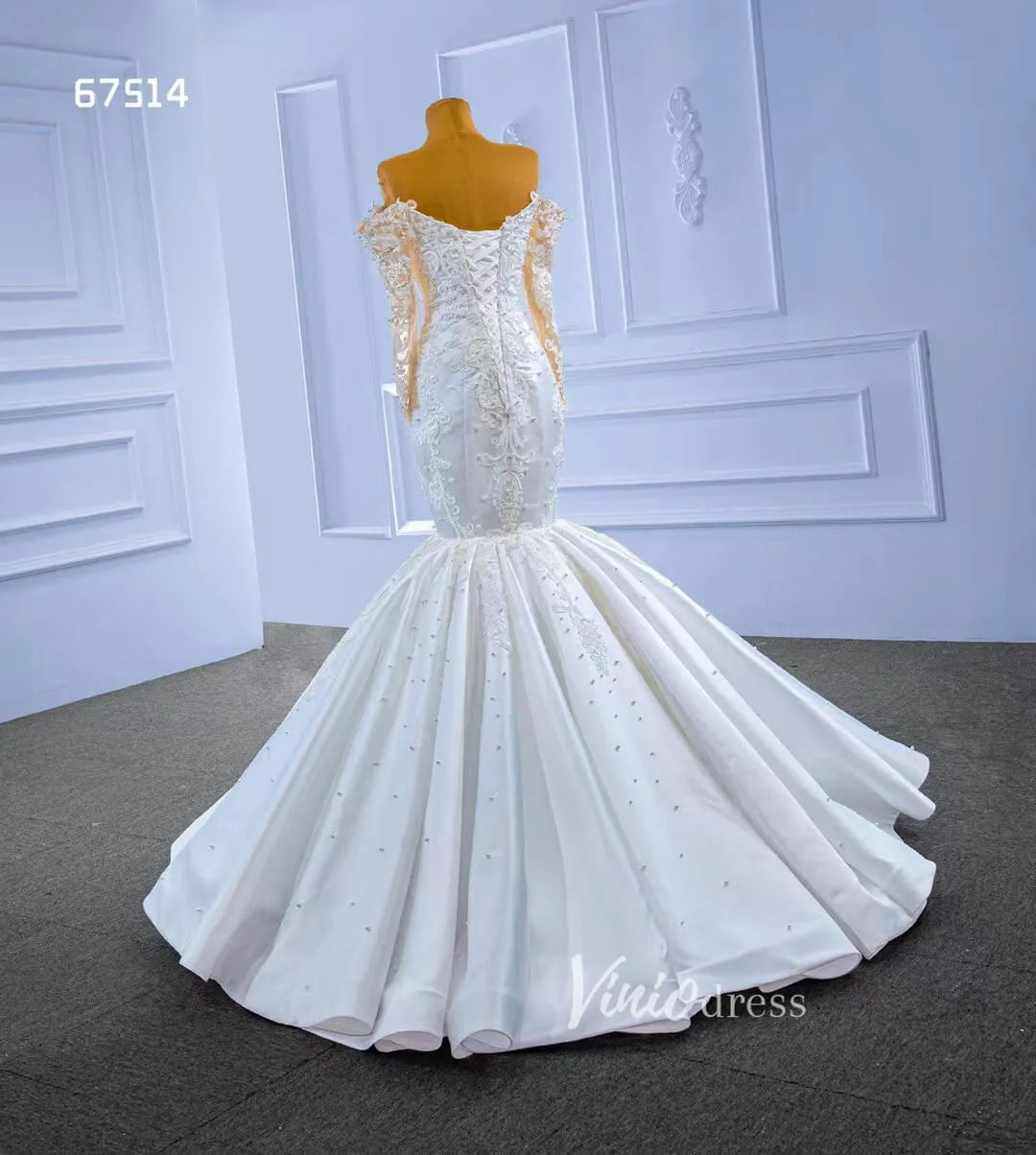 Vintage Lace Appliqued Mermaid Wedding Dresses with Long Sleeves 67514-wedding dresses 2025 -Viniodress-Ivory-Custom Size-
