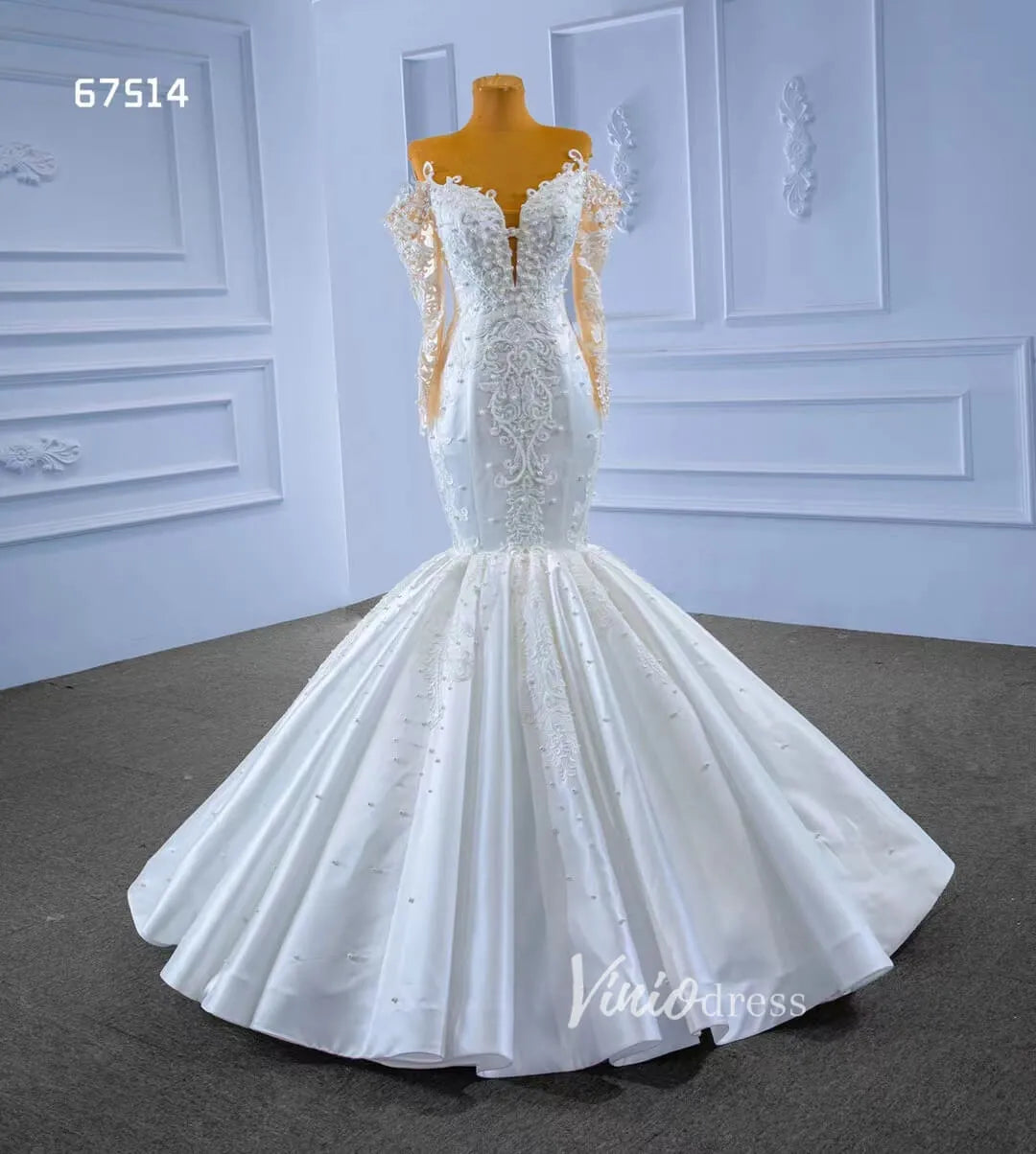 Vintage Lace Appliqued Mermaid Wedding Dresses with Long Sleeves 67514-wedding dresses 2025 -Viniodress-Ivory-Custom Size-