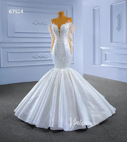 Vintage Lace Appliqued Mermaid Wedding Dresses with Long Sleeves 67514-wedding dresses 2025 -Viniodress-Ivory-Custom Size-
