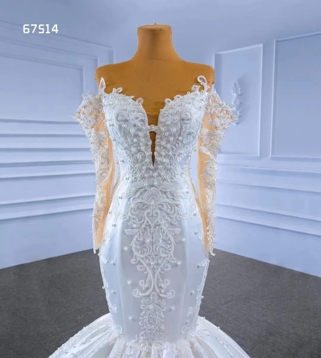 Vintage Lace Appliqued Mermaid Wedding Dresses with Long Sleeves 67514-wedding dresses 2025 -Viniodress-Ivory-Custom Size-