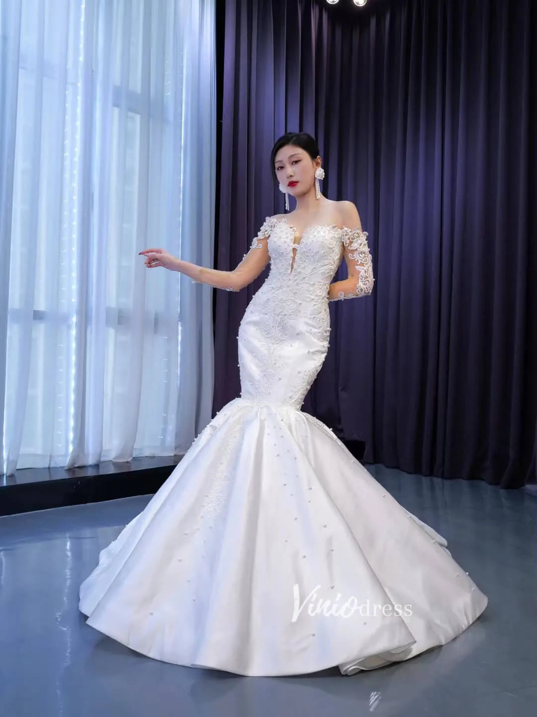 Vintage Lace Appliqued Mermaid Wedding Dresses with Long Sleeves 67514-wedding dresses 2025 -Viniodress-Ivory-Custom Size-