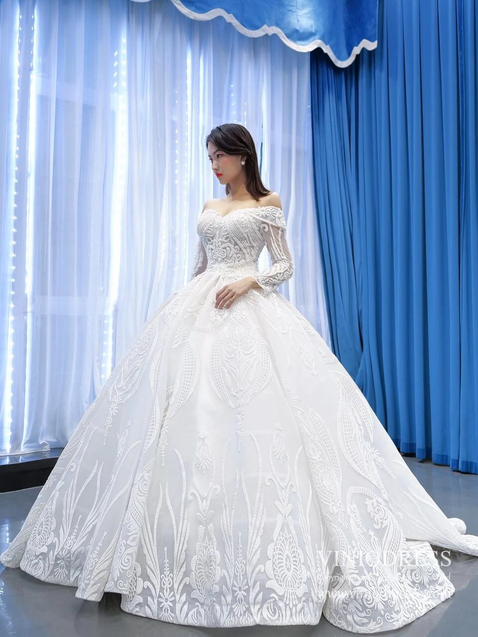 Vintage Lace Ball Gown Wedding Dresses with Sleeves 67206-wedding dresses 2025 -Viniodress-Ivory-Custom Size-