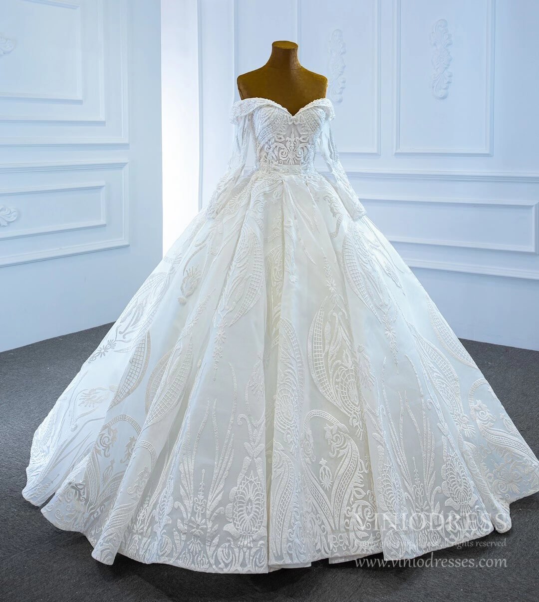 Vintage Lace Ball Gown Wedding Dresses with Sleeves 67206-wedding dresses 2025 -Viniodress-Ivory-Custom Size-