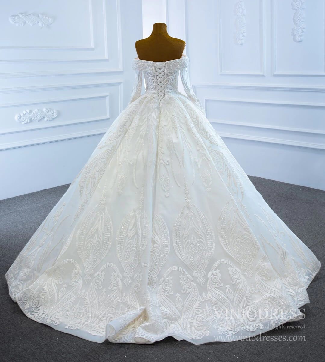 Vintage Lace Ball Gown Wedding Dresses with Sleeves 67206-wedding dresses 2025 -Viniodress-Ivory-Custom Size-