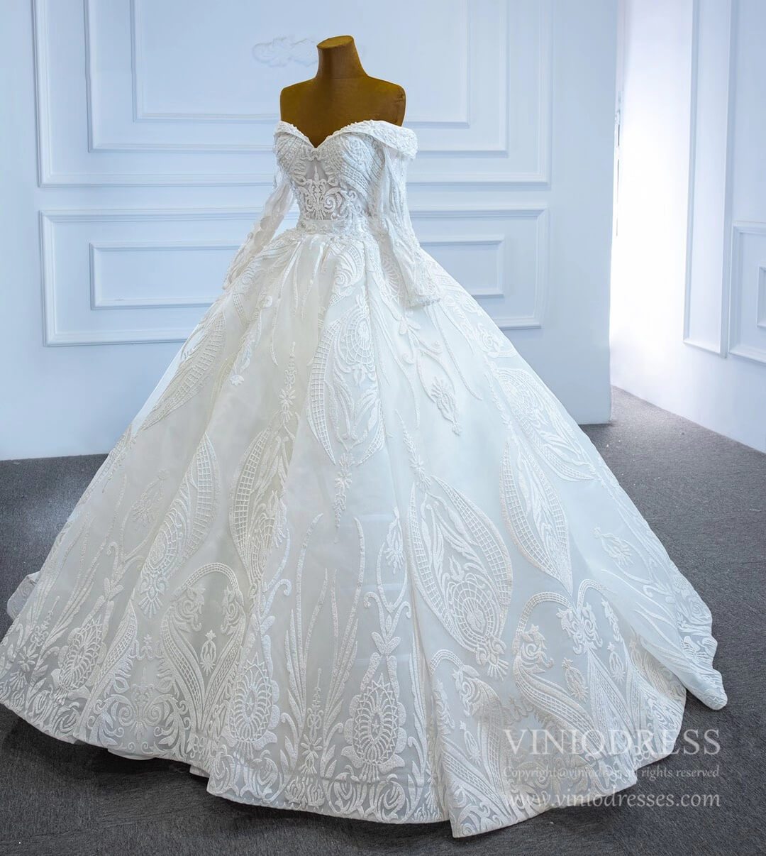 Vintage Lace Ball Gown Wedding Dresses with Sleeves 67206-wedding dresses 2025 -Viniodress-Ivory-Custom Size-