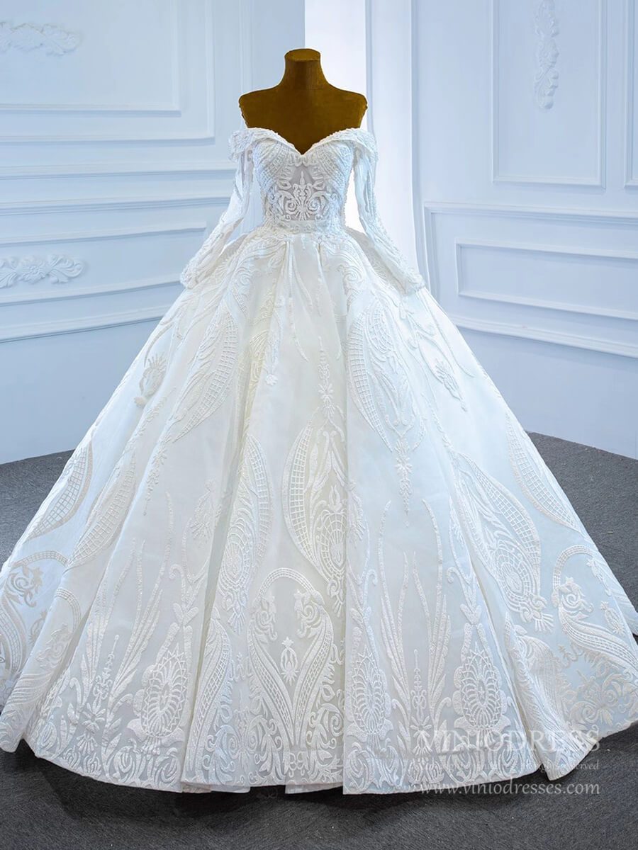 Vintage Lace Ball Gown Wedding Dresses with Sleeves 67206-wedding dresses 2025 -Viniodress-Ivory-Custom Size-