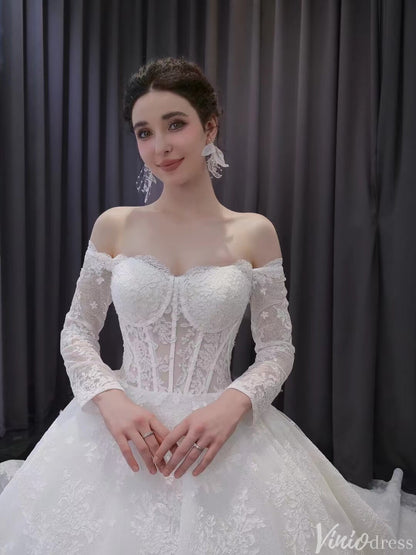 Vintage Lace Balll Gown Wedding Dresses Off the Shoulder Long Sleeves 231129-wedding dresses 2025 -Viniodress-Ivory-Custom Size-
