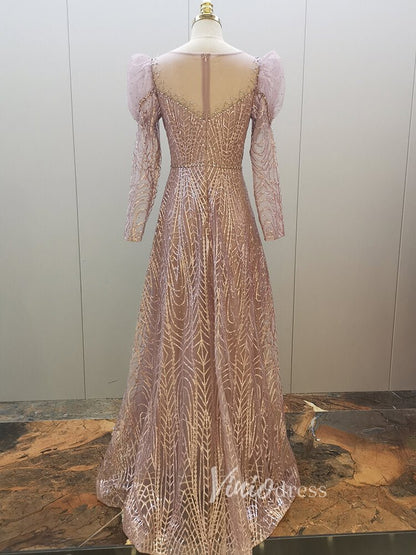 Vintage Lace Formal Dresses Modest Long Sleeve Evening Dress 20007-Evening Dresses 2025 -Viniodress-Pink-US 2-