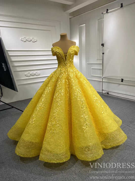 Vintage Lace Wedding Dress Off the Shoulder Quinceanera Gowns 66601 Plunging V-neck-Quinceanera Dresses 2025 -Viniodress-Yellow-Custom Size-