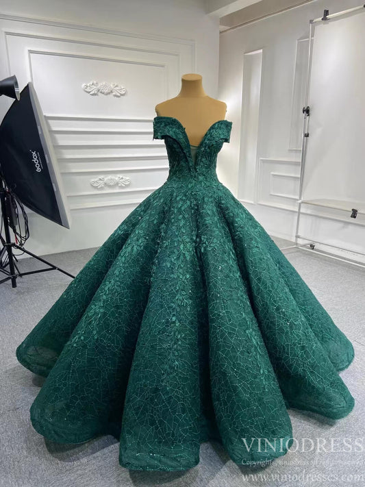 Vintage Lace Wedding Dress Off the Shoulder Quinceanera Gowns 66601 Plunging V-neck-Quinceanera Dresses 2025 -Viniodress-Emerald Green-Custom Size-