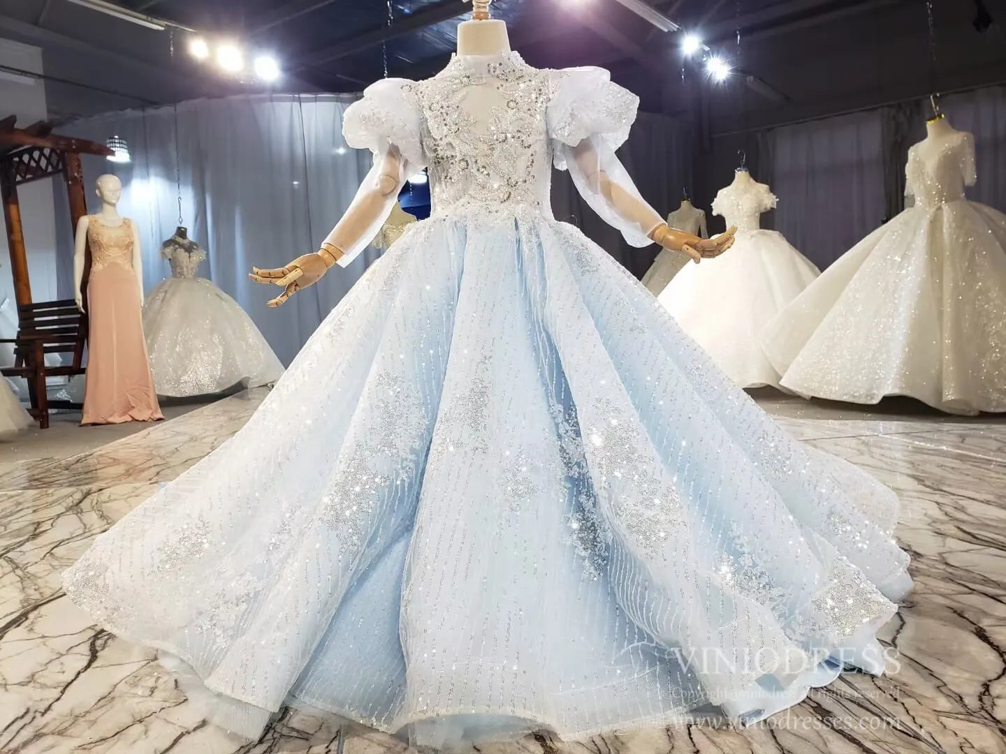 princess dresses dtla Daliana Girls' Metallic Lace and Rhinestone Gown Discover the stunning starlight princess dress Ooh! La,La! Couture Sky Blue