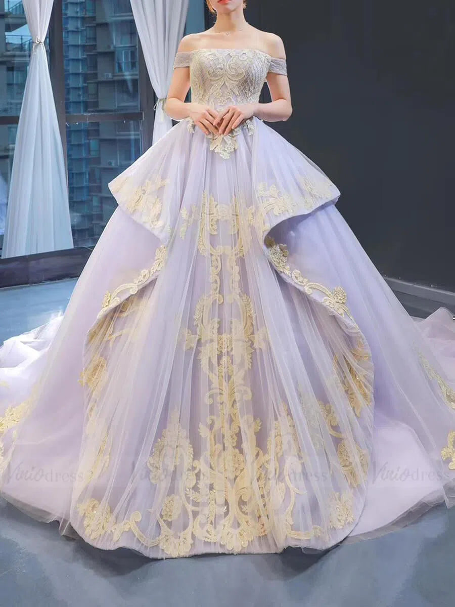 Vintage Lilac Princess Ball Gowns Gold Lace Quinceanera Dresses 66908 – Viniodress