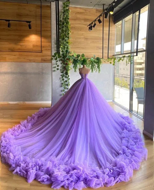 Vintage Lilac Ruffle Ball Gown Wedding Dress Spaghetti Strap FD1782-wedding dresses 2025 -Viniodress-Lavender-Custom Size-