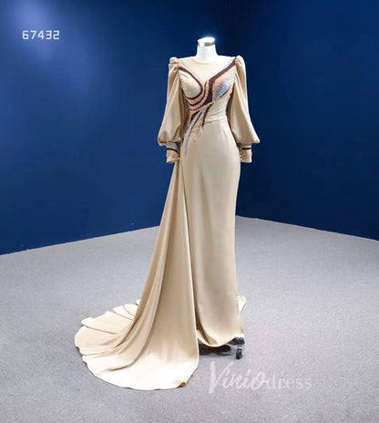 Vintage Long Puff Sleeve Prom Dress Beaded Champagne Sheath Formal Dresses 67432-prom dresses 2025 -Viniodress-Champagne-Custom Size-