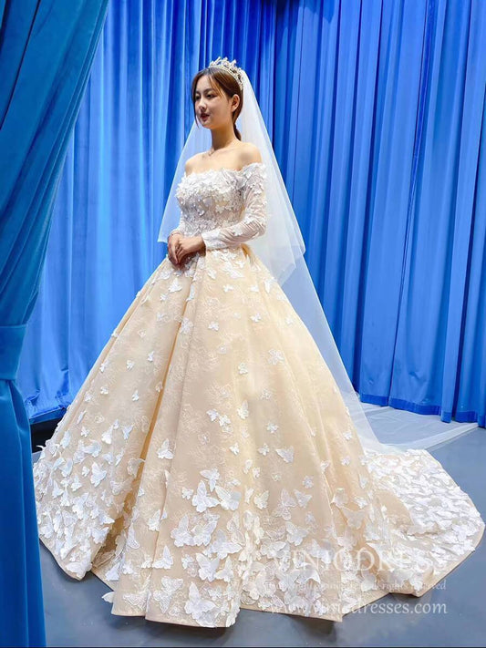 Vintage Long Sleeve Butterfly Style Champagne Wedding Dresses Corset Back VW1572-wedding dresses 2025 -Viniodress-Champagne-Custom Size-