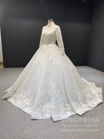 Vintage Long Sleeve White Muslim Wedding Dresses Lace Appliques VW1186B-wedding dresses 2025 -Viniodress-Ivory-Custom Size-