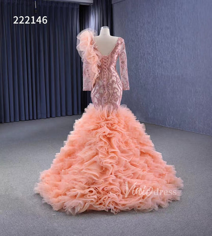 Vintage Mermaid Pageant Dress Long Sleeve Ruffled Wedding Dresses 222146-wedding dresses 2025 -Viniodress-Blush Pink-Custom Size-