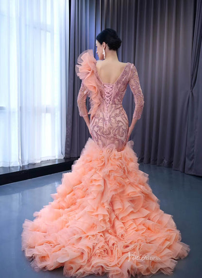 Vintage Mermaid Pageant Dress Long Sleeve Ruffled Wedding Dresses 222146-wedding dresses 2025 -Viniodress-Blush Pink-Custom Size-
