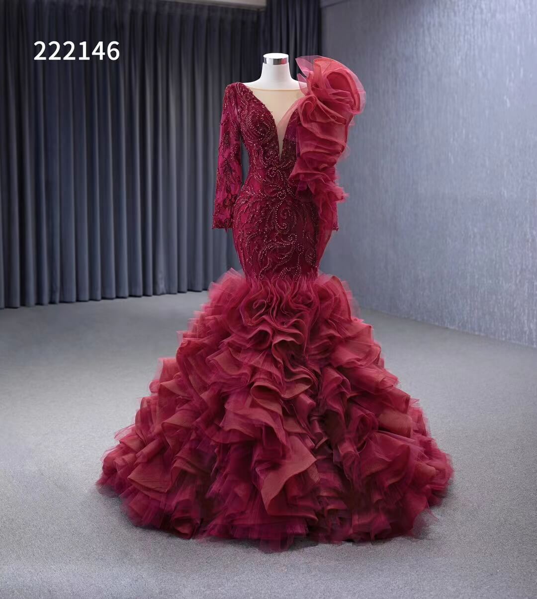 Vintage Mermaid Pageant Dress Long Sleeve Ruffled Wedding Dresses 222146-wedding dresses 2025 -Viniodress-Blush Pink-Custom Size-