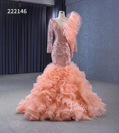 Vintage Mermaid Pageant Dress Long Sleeve Ruffled Wedding Dresses 222146-wedding dresses 2025 -Viniodress-Blush Pink-Custom Size-