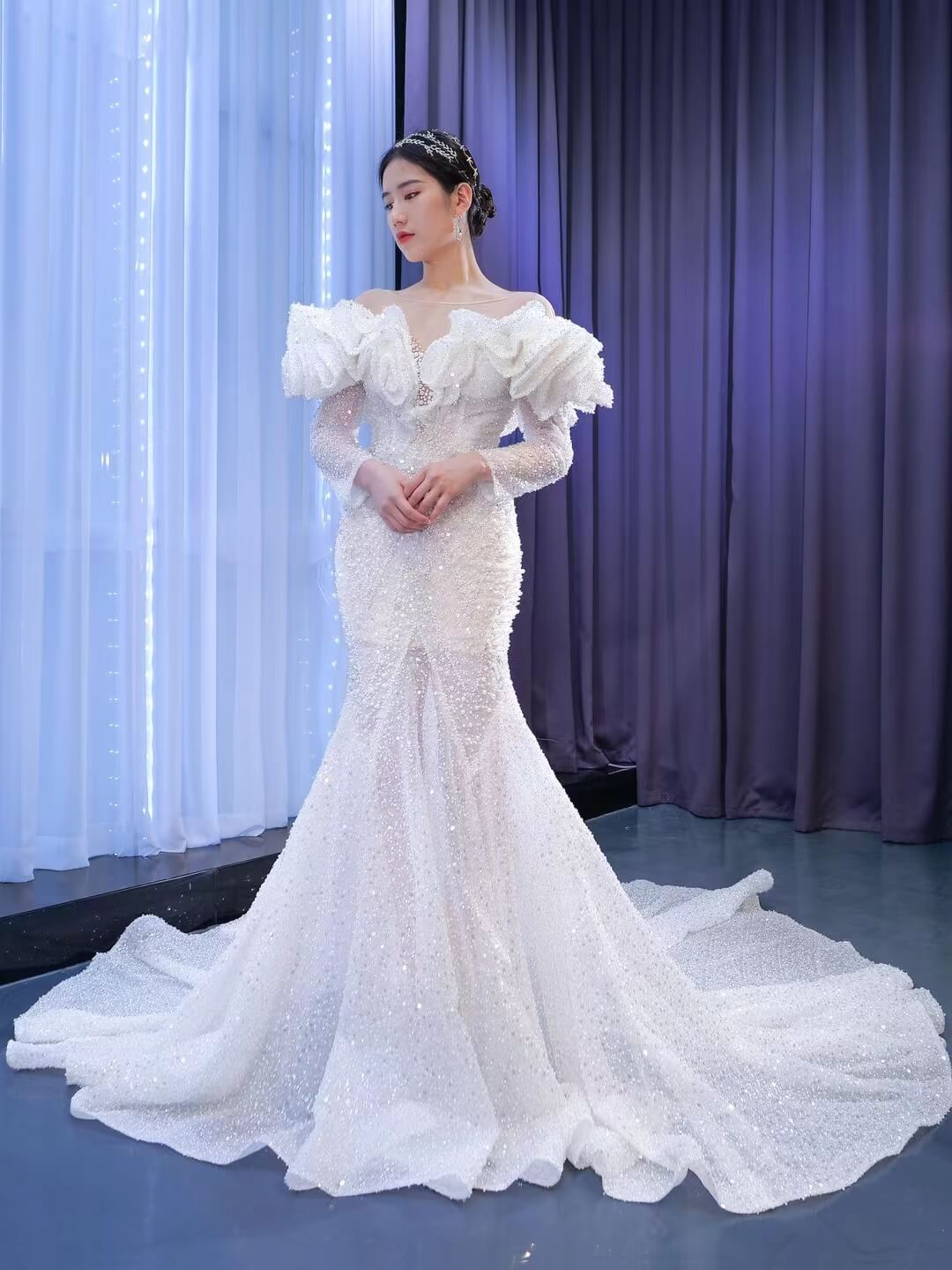 Vintage Mermaid Pearl Wedding Dresses with Sleeves 67280-wedding dresses 2025 -Viniodress-Ivory-Custom Size-