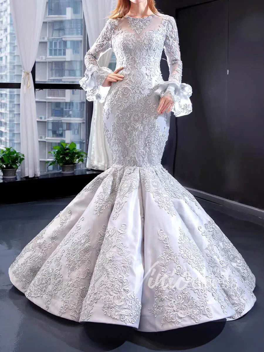 Vintage Mermaid Prom Dresses with Sleeves Lace Pageant Dress FD1388 viniodress-prom dresses 2025 -Viniodress-Silver-Custom Size-