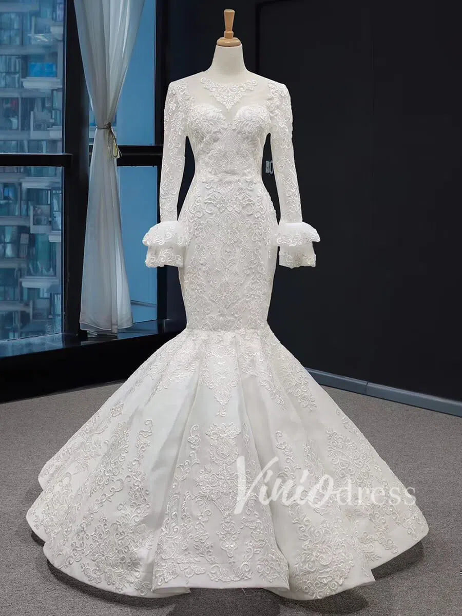 Vintage Mermaid Prom Dresses with Sleeves Lace Pageant Dress FD1388 viniodress-prom dresses 2025 -Viniodress-Ivory-Custom Size-