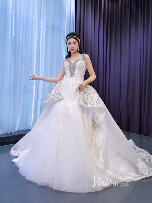 Vintage Mermaid Wedding Dresses with Removable Train 67453-wedding dresses 2025 -Viniodress-Ivory-Custom Size-