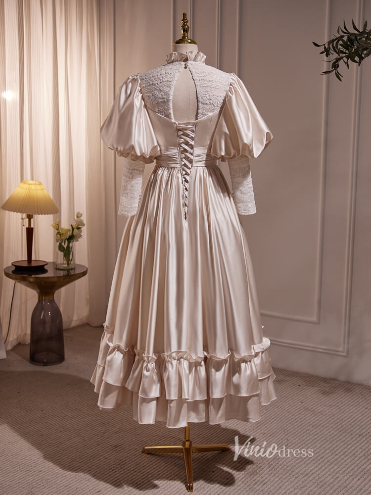 Vintage Midi Length Satin Wedding Gowns Puff Sleeve Ruffle Prom Dresse – Viniodress